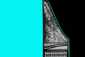 A graphic representation of a harpsichord, taken from above, showing the two keyboards and the instrument's strings.