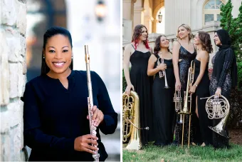 Side by side pictures of Ebonee Thomas leaning against a wall holding her flute, and Seraph Brass standing together with their instruments