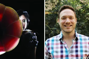 Side by side photos of composer Bora Yoon behind a gramophone and oboist Andy Parker smiling in front of trees.