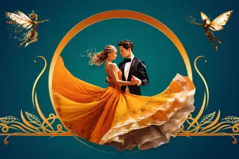 Cinderella, wearing a gold gown, dances with the prince in a tuxedo. They are flanked on either side by flying fairies.