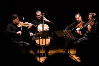 Miro Quartet performing with a black background