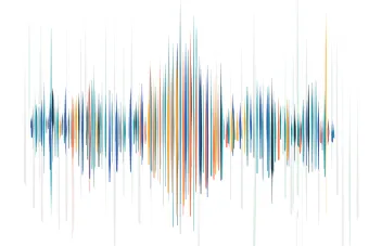 A colorful graphic line design of sound waves.