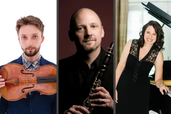 Side by side photos of Wilhelm Magner holding his viola, Jonathan Gunn holding his clarinet, and Patti Wolf leaning on a grand piano.