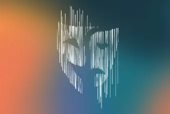 A graphic of a theater mask made up of thin white lines in front of a peach and blue background.
