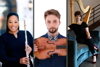 Side by side photos of Ebonee Thomas holding her flute, Wilhelm Magner holding his viola, and Emily Levin lounging on a teal couch in front of her harp.