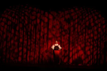 A man stands silhouetted in front of a stage curtain, and he nearly blends in to the curtain as he performs. 