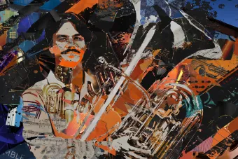 A collage of ripped paper makes an image of a student with his tuba