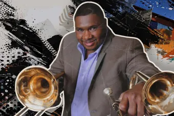 A headshot of Wycliffe Gordon holding a trombone in each hand