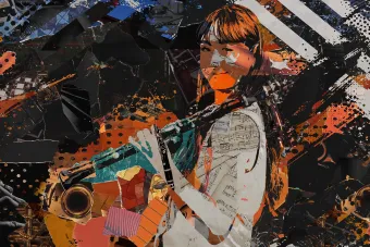 a collage of ripped paper makes an image of a student with a clarinet