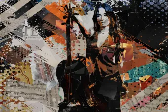 A collage of ripped paper makes an image of a student perform holding a cello.