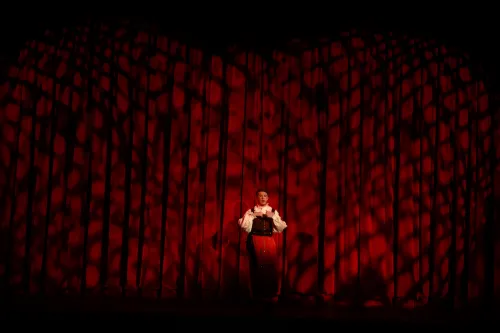 A man stands silhouetted in front of a stage curtain, and he nearly blends in to the curtain as he performs. 