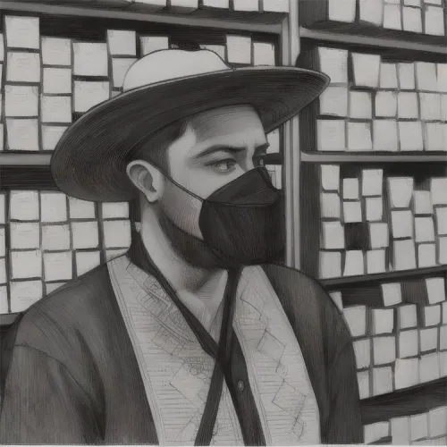 Drawing of J.A Strub with a mask and hat on