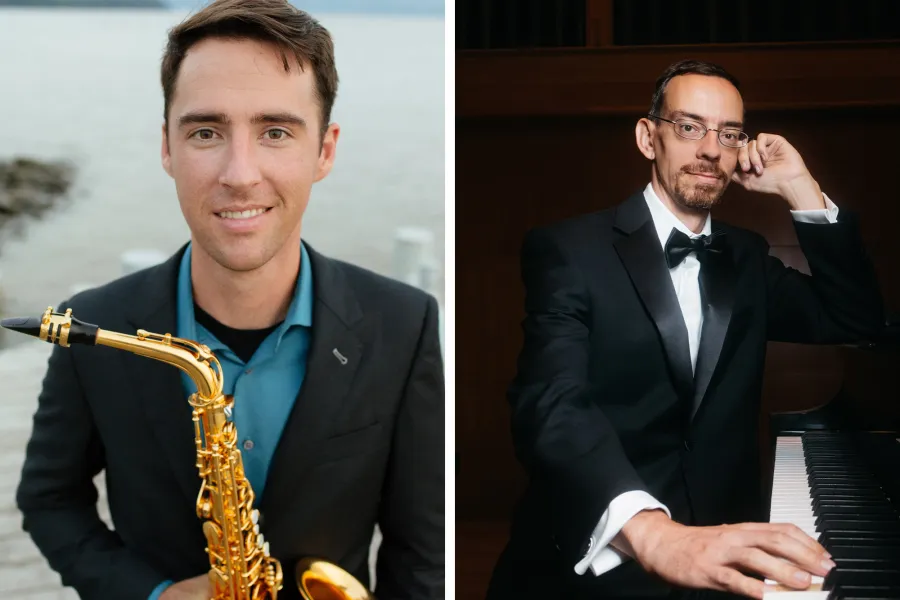 On the left, a man wearing a blue shirt and gray jacket stands outside holding a golden saxophone. On the right a man wearing a tuxedo and glasses sits at a piano playing one key with his right hand.