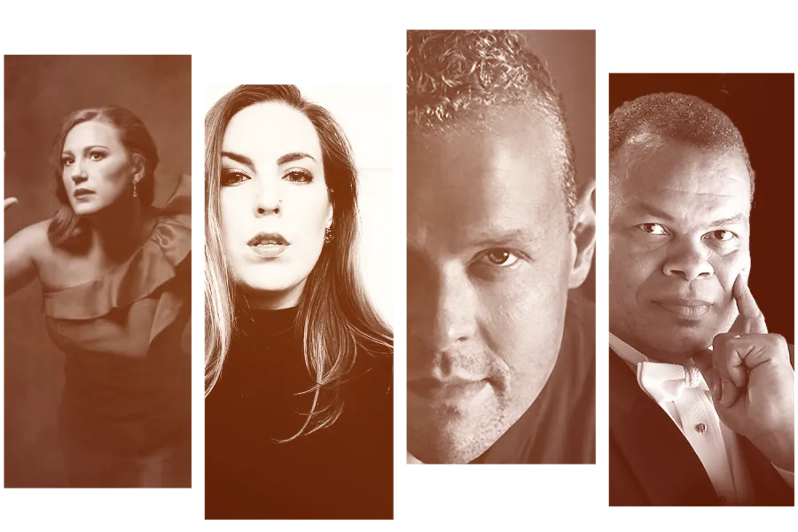 A collage of four faces side-by-side with a sepia filter.