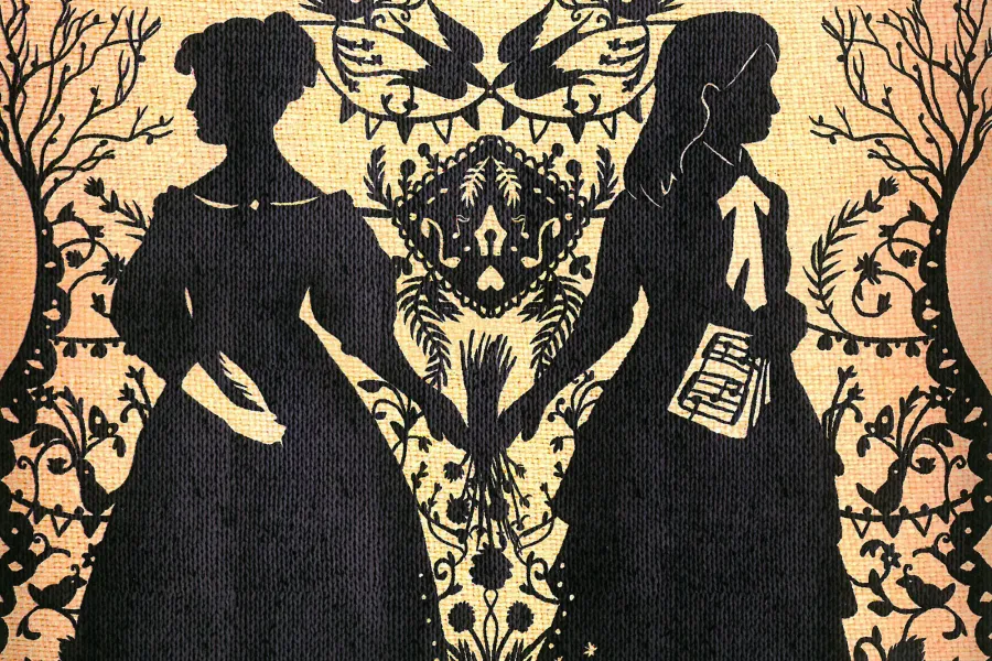 Graphic art that looks like woven fabric, including the silhouettes of two women in Victorian dress holding hands. One woman holds a quill and the other holds music. There are decorative trees and birds surrounding them.