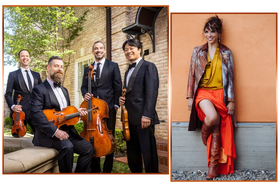 a photo of the Miró quartet holding their instruments next to a photo of Lara Downs, standing against an orange wall and smiling.