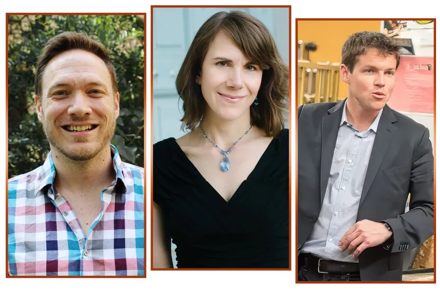 Side by side portraits of oboist Andy Parker, bassoonist Kristin Wolfe Jensen, and percussionist Jacob Nissly.