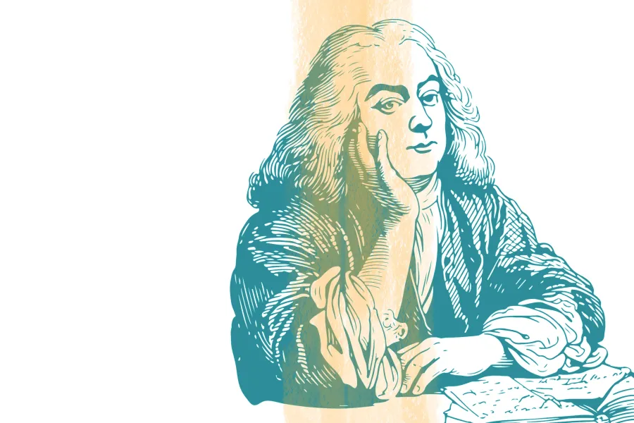 A teal and yellow stamp graphic of G.F. Handel.