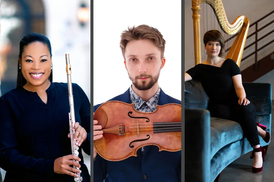 Side by side photos of Ebonee Thomas holding her flute, Wilhelm Magner holding his viola, and Emily Levin lounging on a teal couch in front of her harp.