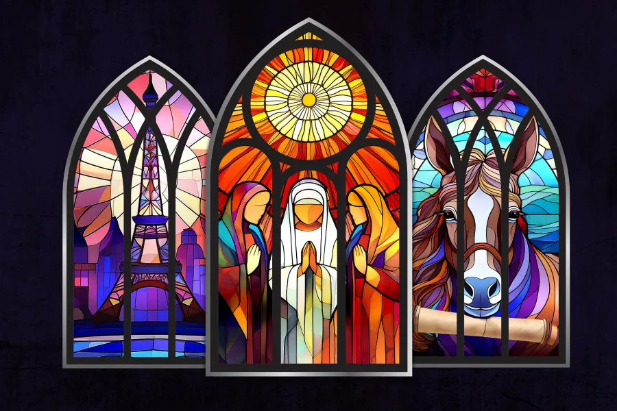 A tryptich of stained glass windows, one of the Eiffel Tower against a sunset, one of three nuns in prayer beneath a sunburst, and one of a donkey holding a scroll in its mouth