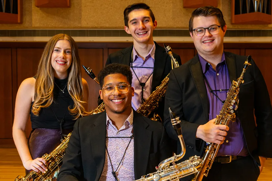 ZED, saxaphone quartet featuring Marina Sakellakis, Jacob Feldman, Connor O’Toole, and David Bennette posing for a picture
