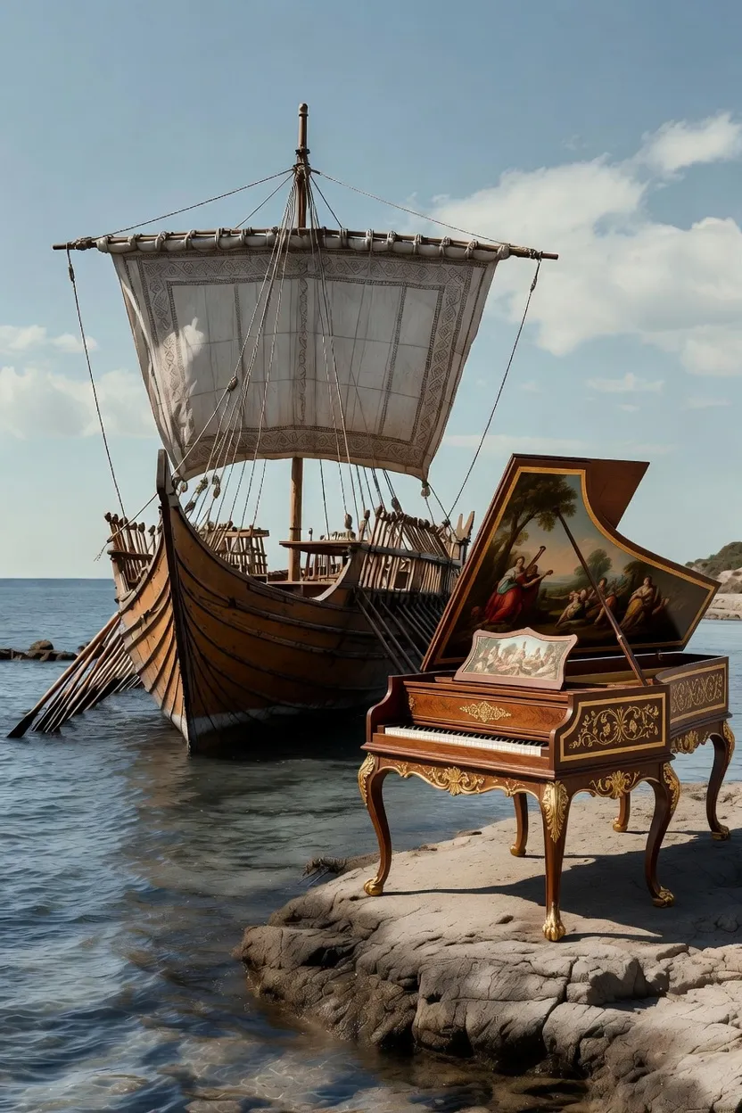 A composite image of a historical fortepiano sitting on the shore beside a ship in shallow water.