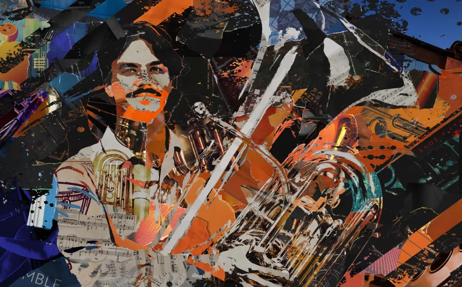 A collage of ripped paper makes an image of a student with his tuba