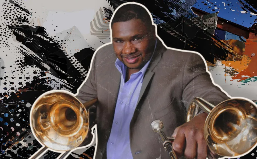 A headshot of Wycliffe Gordon holding a trombone in each hand