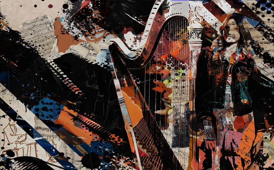 a collage of ripped paper makes up an image of a student with a harp