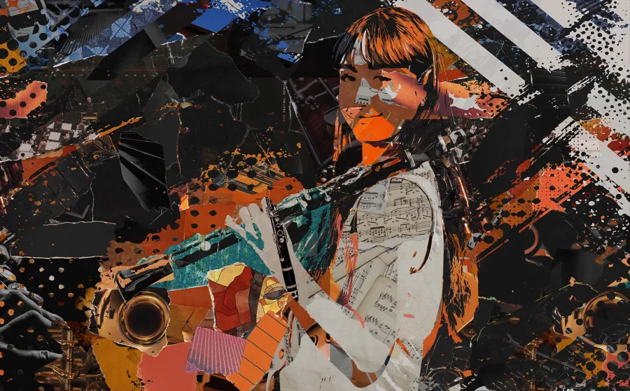 a collage of ripped paper makes an image of a student with a clarinet