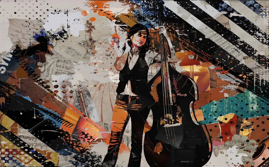 A collage of ripped paper makes an image of student holding a double bass