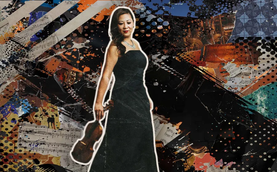 A headshot of Sandy Yamamoto looking down at her violin