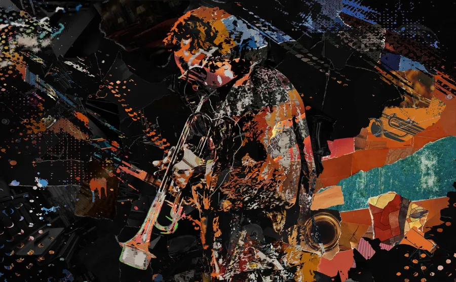 a collage of ripped paper make up an image of Miles Davis playing the trumpet 