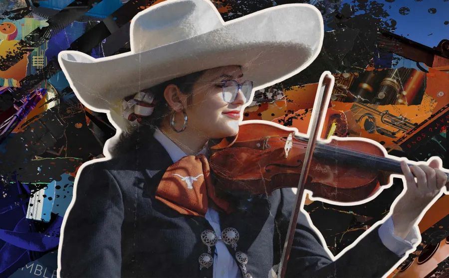 A Mariachi performer, playing her violin