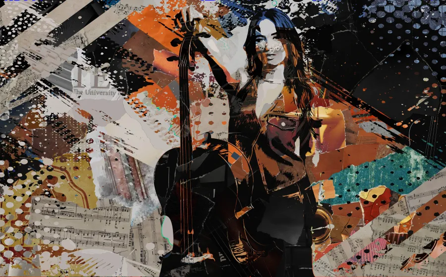 A collage of ripped paper makes an image of a student perform holding a cello.