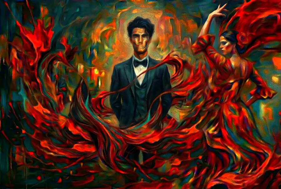 An impressionistic paining of Federico García Lorca in his iconic suit and bowtie stands contemplatively, while a flamenco dancer dances around him, enveloping him in the red waves of her dress.