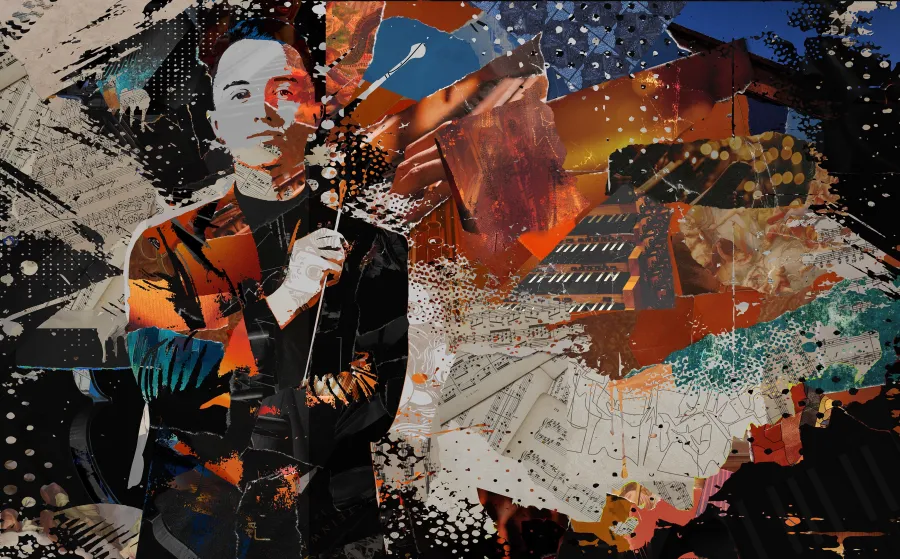 A collage of ripped paper makes an image of a choral student with a conducting baton