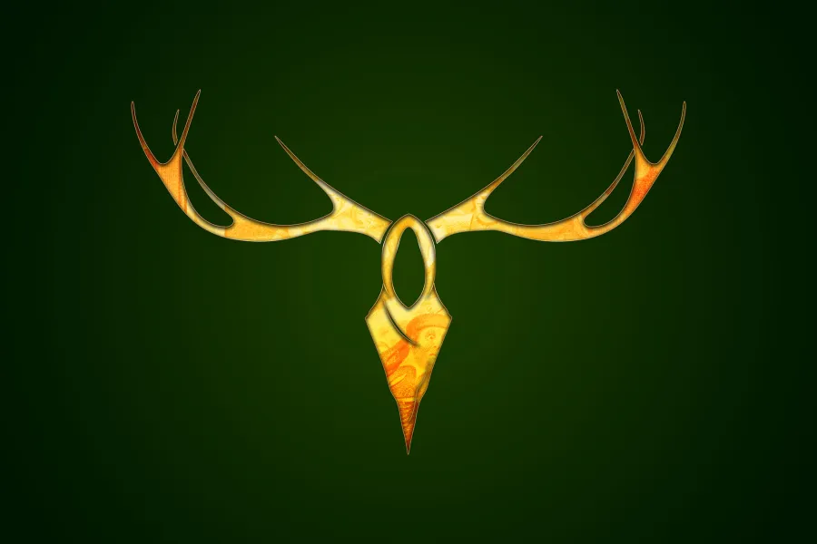 A cutout of a hooded bust with large stag antlers is cut out of a green textured surfact