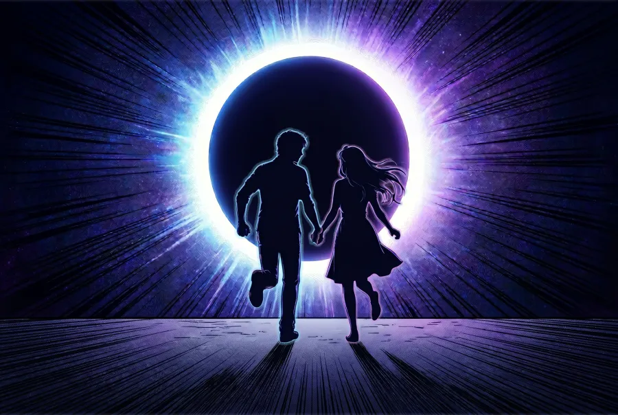 a manga style image of a young man and lady holding hands and running into a barren, alien landscape, they are silhouetted by a giant moon or planet in eclipse taking up most of the sky