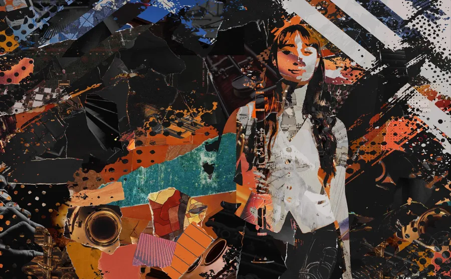 a collage of ripped paper makes an image of a student with a clarinet