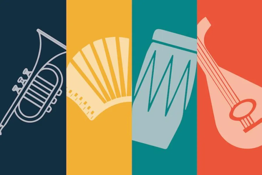 A graphic trumpet, accordion, drum, and oud are displayed with black, yellow, teal and red panels, respectively.