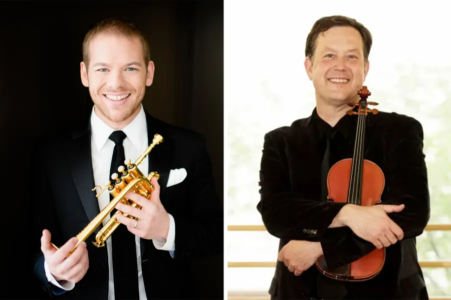 Side by photos of Caleb Hudson holding his trumpet and Brian Lewis holding his violin