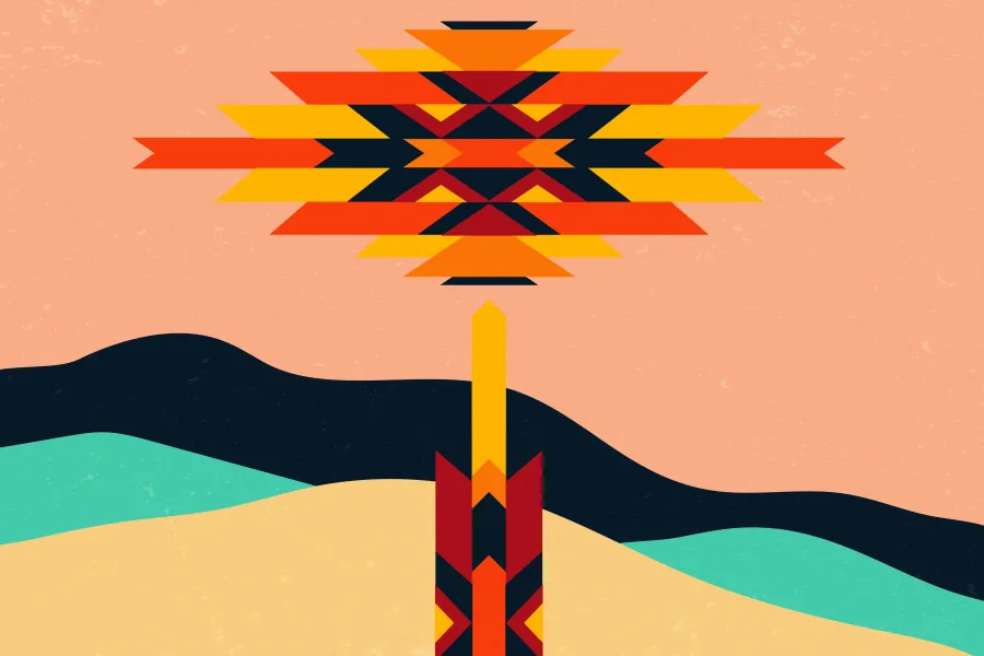 An abstract graphic display of an atomic bomb cloud in a desert using a New Mexican art style.