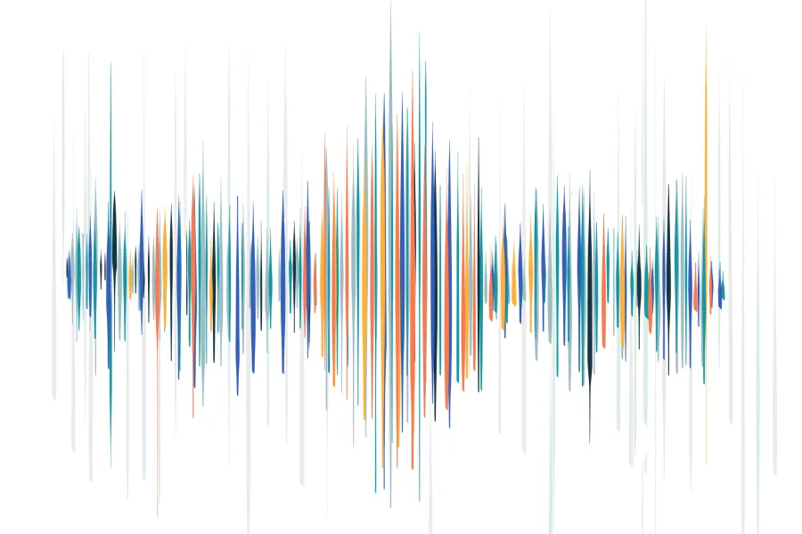 A colorful graphic line design of sound waves.