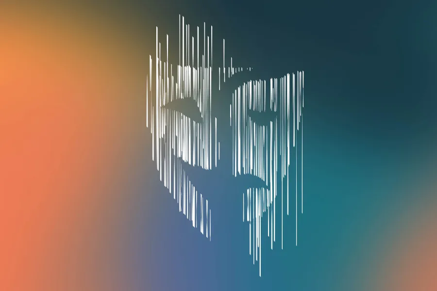 A graphic of a theater mask made up of thin white lines in front of a peach and blue background.