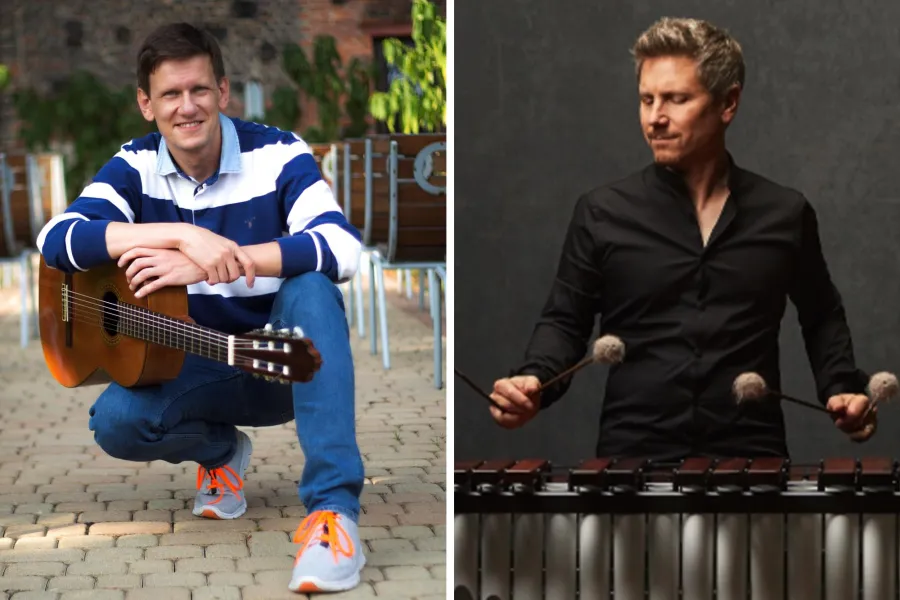 side-by-side headshots of Marek Pasieczny and Thomas Burritt with their instruments 