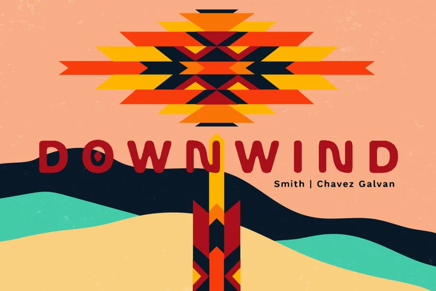 An abstract image of a nuclear mushroom cloud, comprised of traditional Apache geometric pattern set against a serene, southwest hills cape