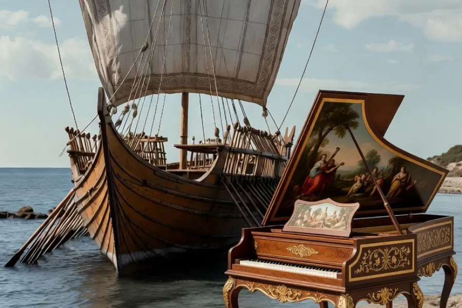 A composite image of a historical fortepiano sitting on the shore beside a ship in shallow water.