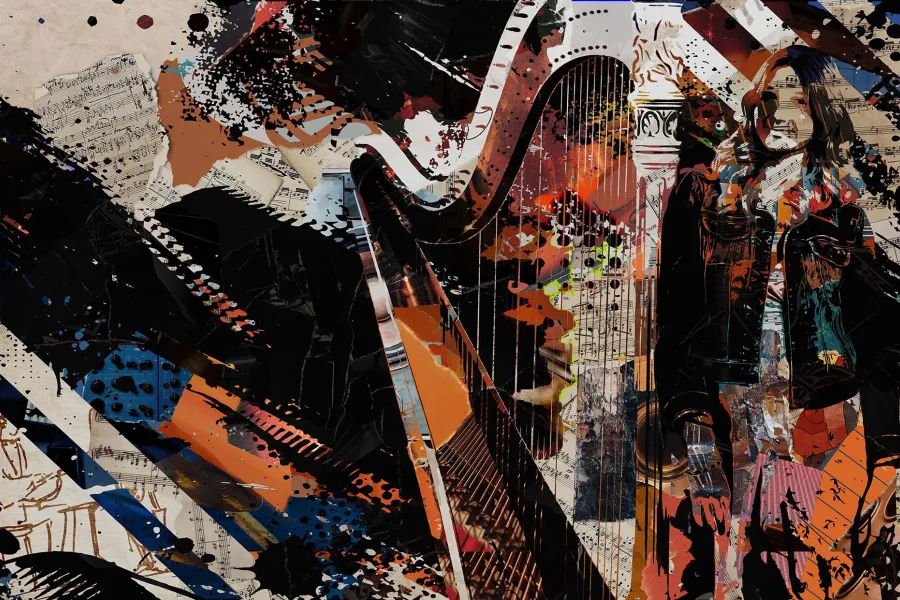 a collage of ripped paper makes up an image of a student with a harp