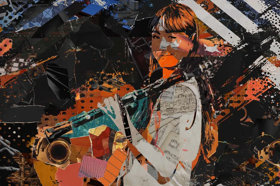 a collage of ripped paper makes an image of a student with a clarinet